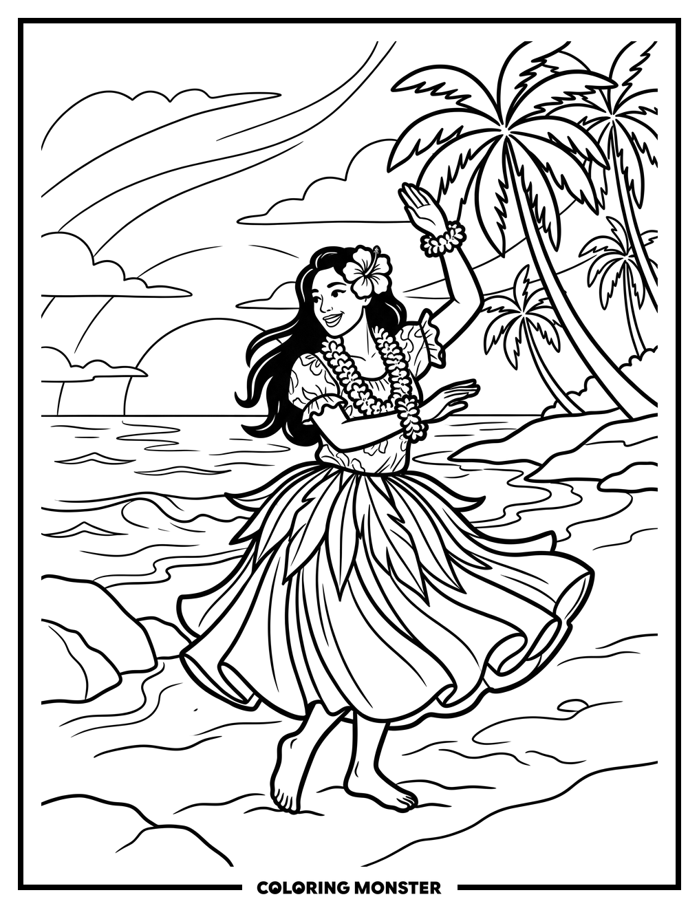 Hula Dancer at Sunset Coloring Page