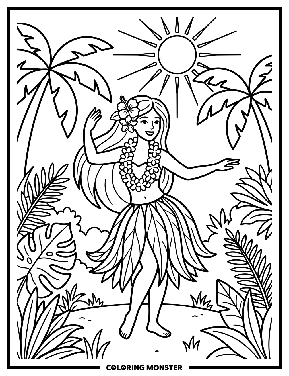 Hula Dancer in Tropical Paradise Coloring Page