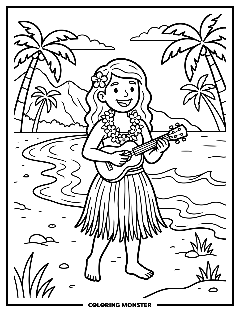 Hula Dancer on a Tropical Beach Coloring Page