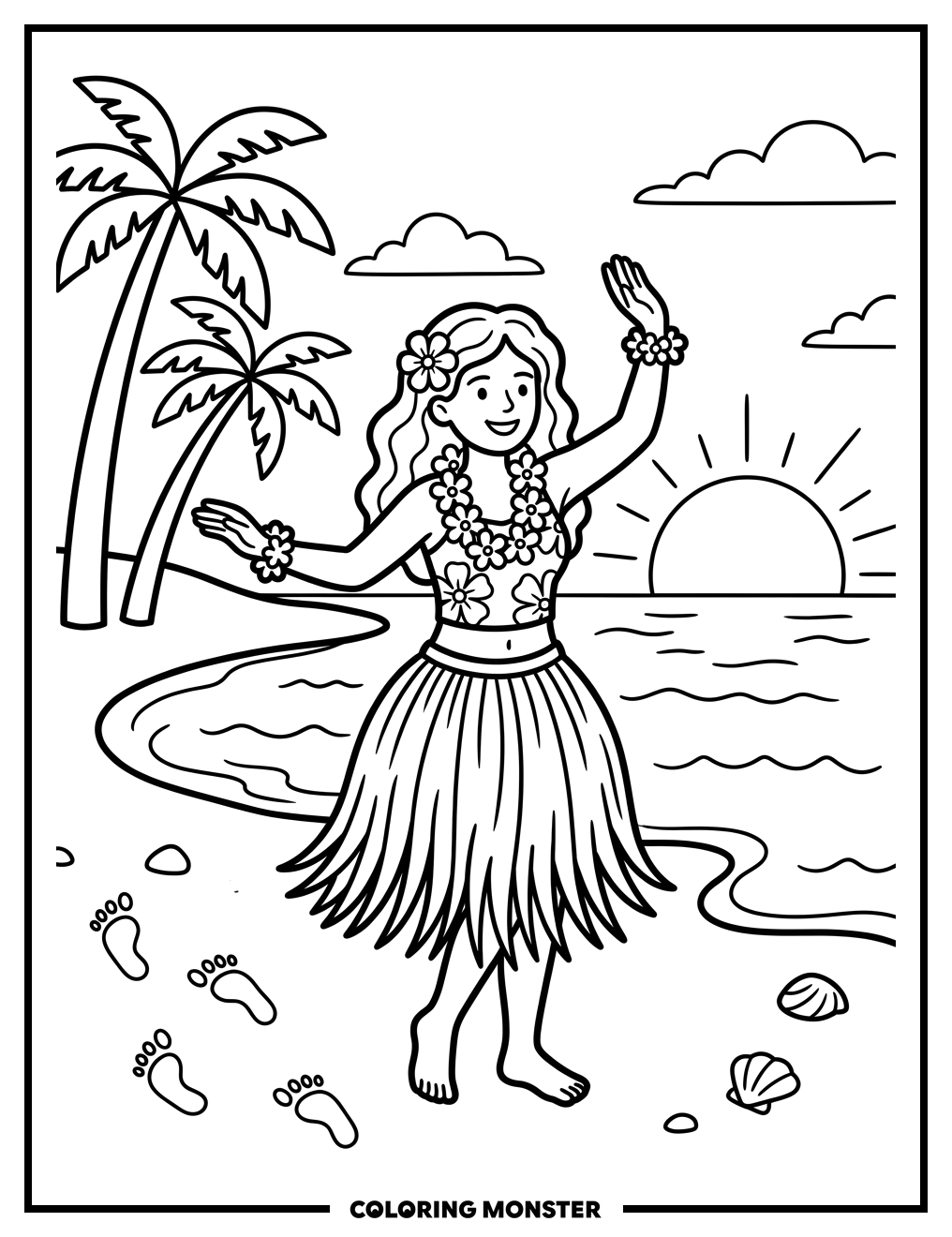 Hula Dancer on Beach at Sunset Coloring Page