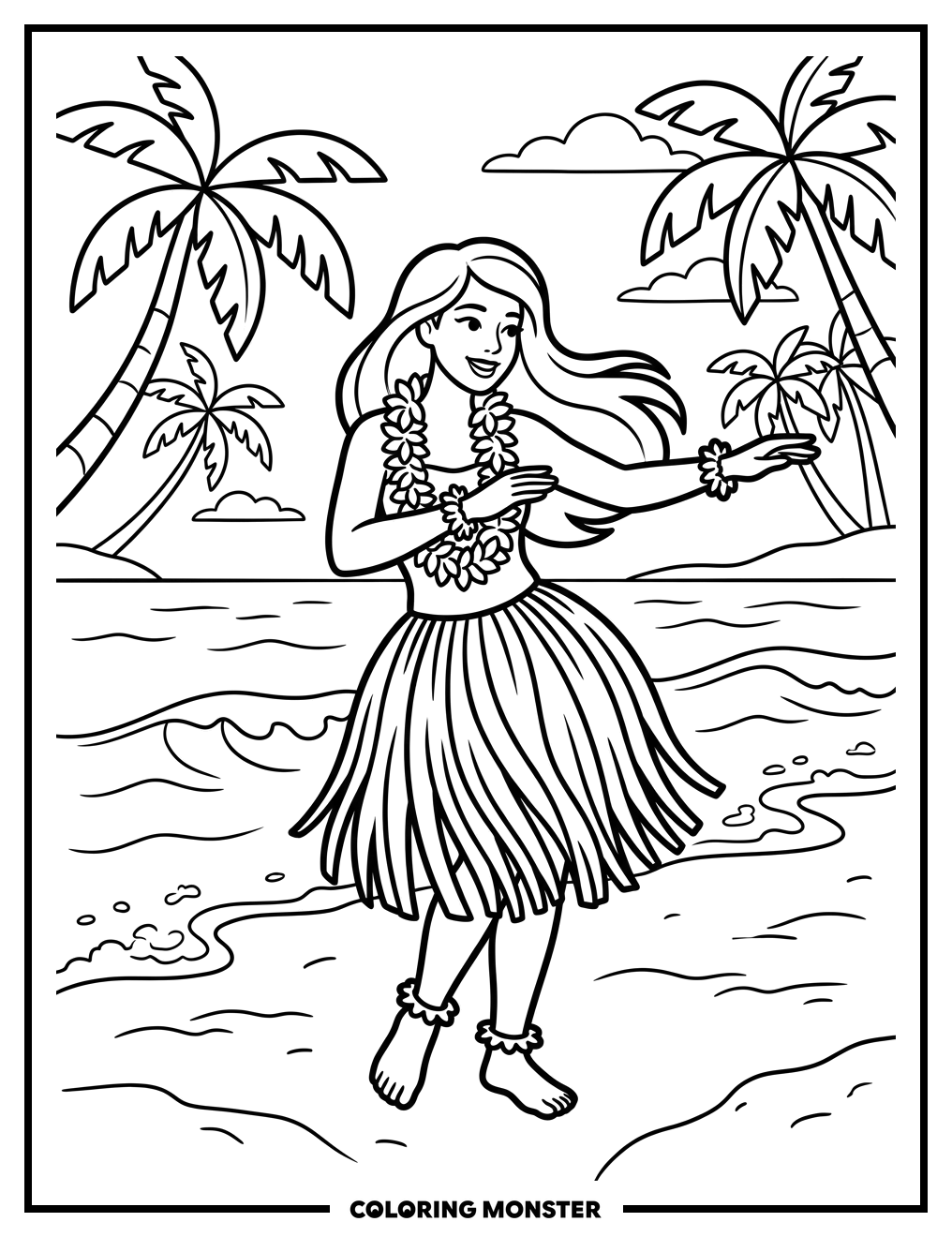 Hula Dancer on Hawaiian Beach Coloring Page