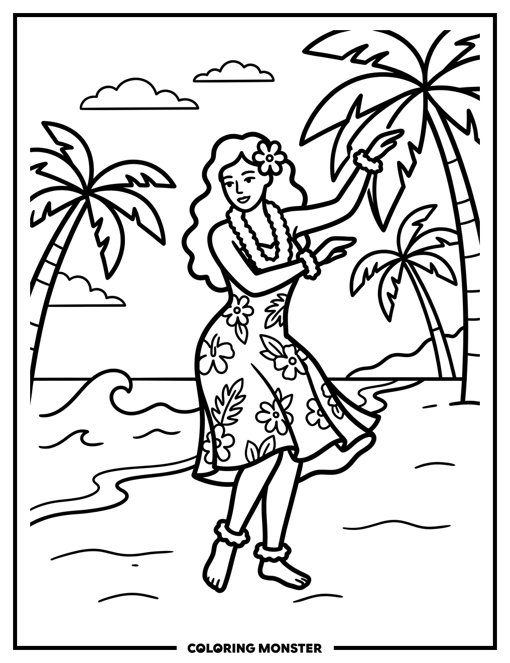 Hula Dancer on Tropical Beach Coloring Page