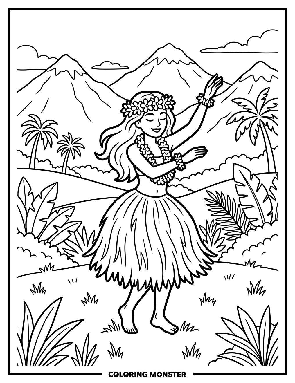 Hula Dancer Under Tropical Mountains Coloring Page