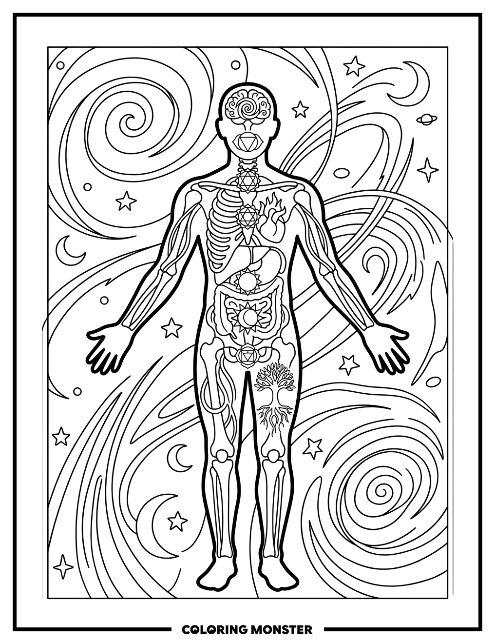 Human Figure Cosmic Mandala Coloring Page