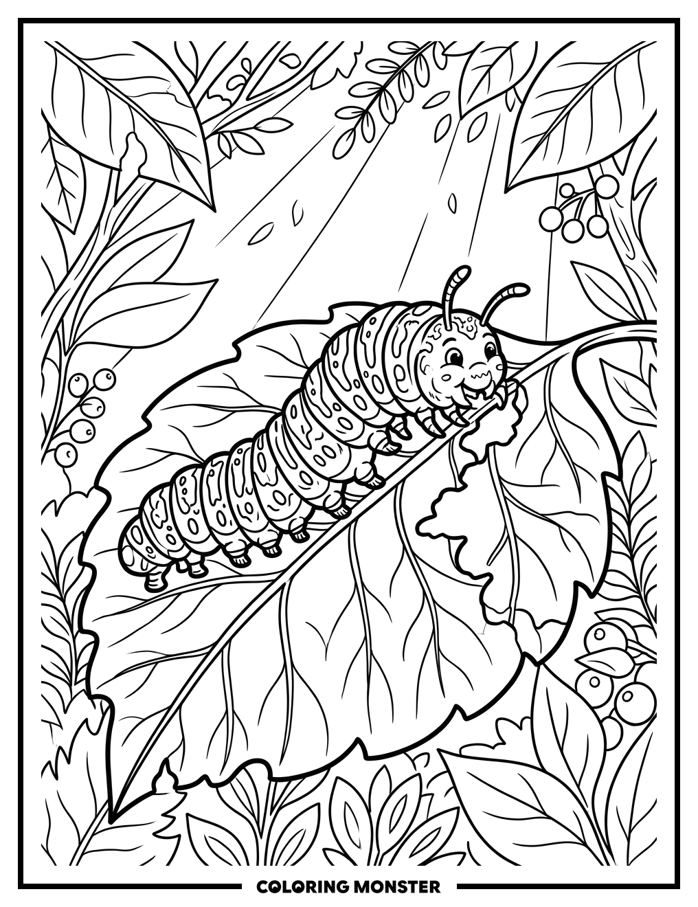 Hungry Caterpillar on Leaf Coloring Page