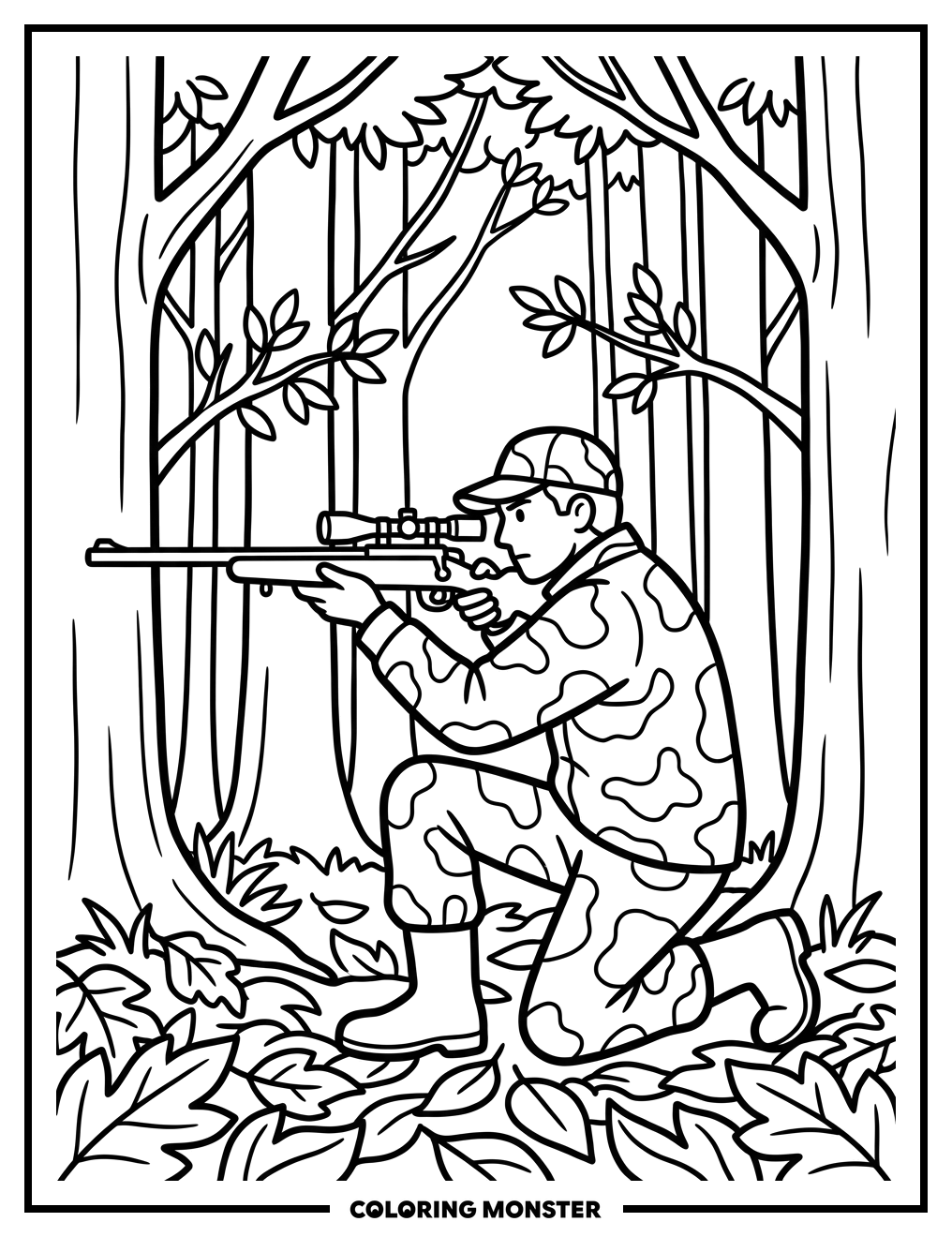 Hunter Aiming Rifle in Forest Coloring Page