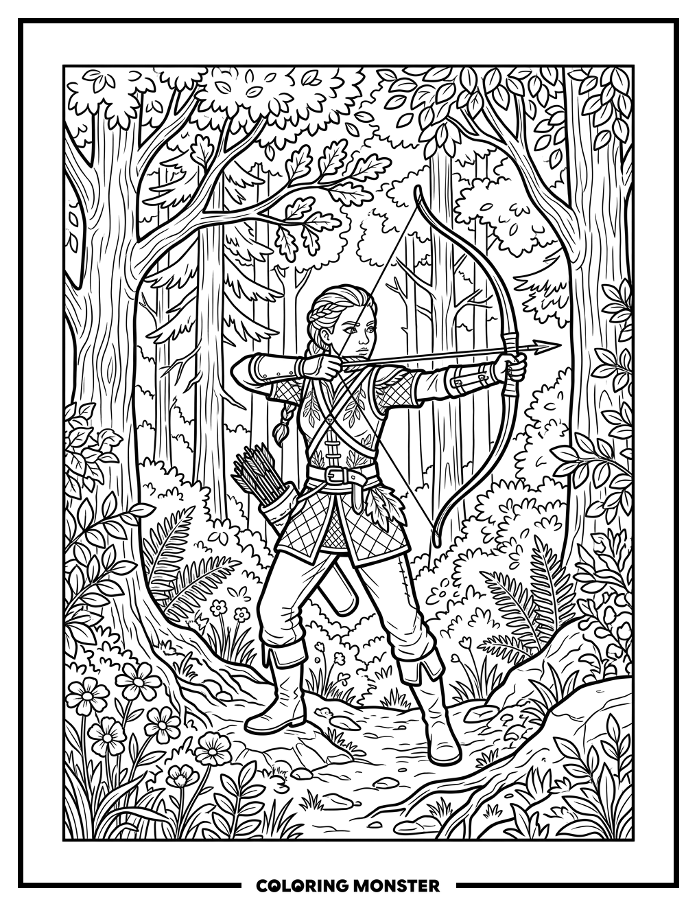 Hunter Aims Bow In Forest Clearing Coloring Page