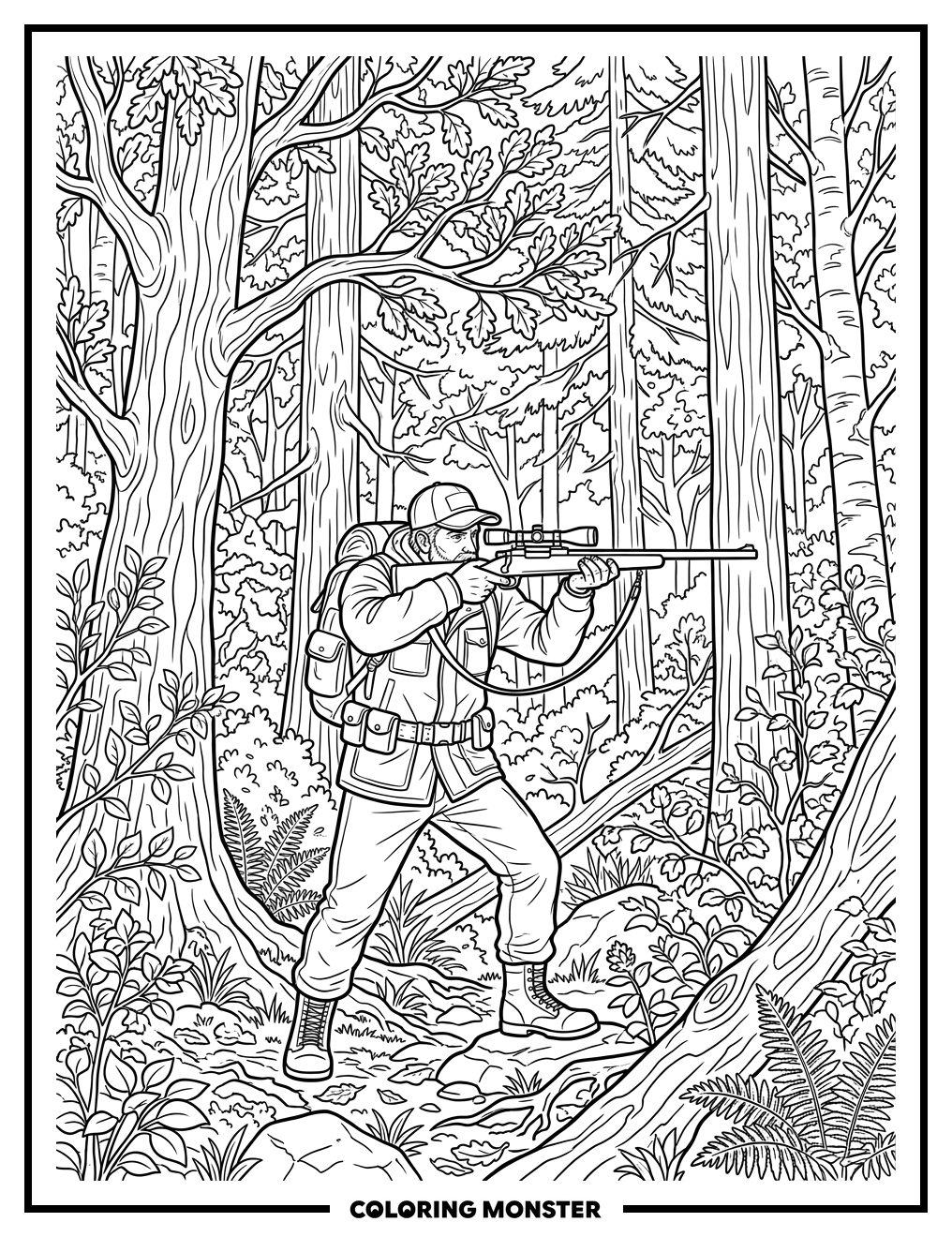 Hunter in Dense Forest Coloring Page
