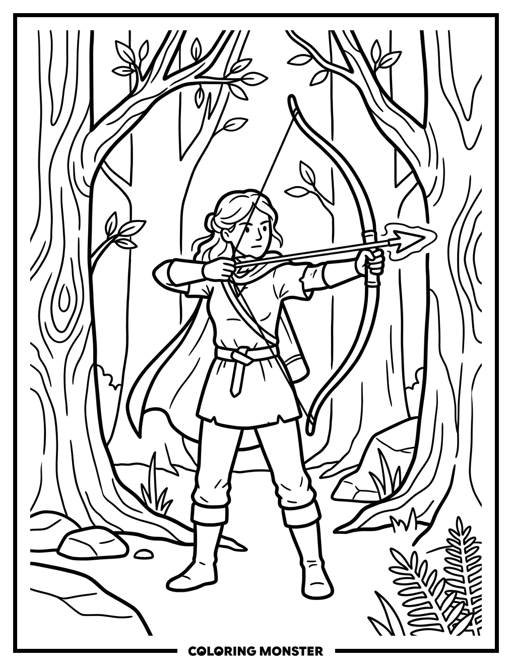 Huntress in Mystical Forest Coloring Page