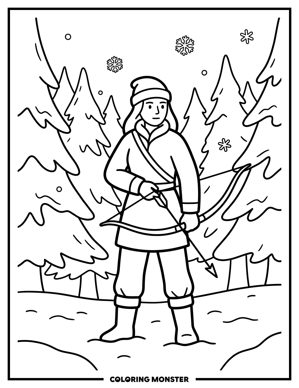 Huntress in Snowy Forest Coloring Page