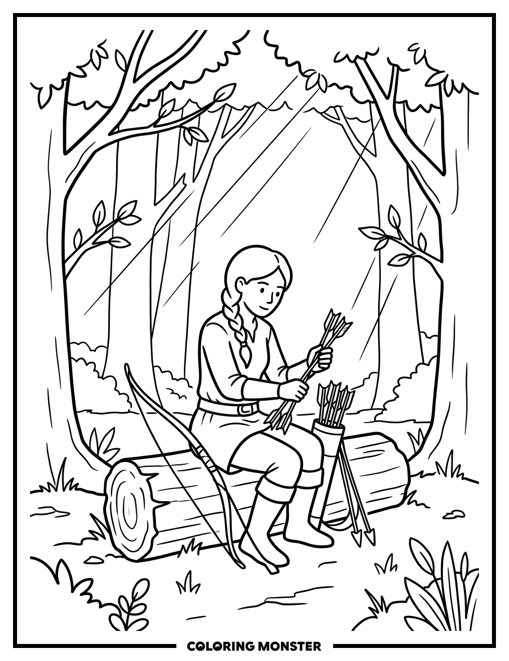 Huntress Prepares Arrows in Forest Coloring Page