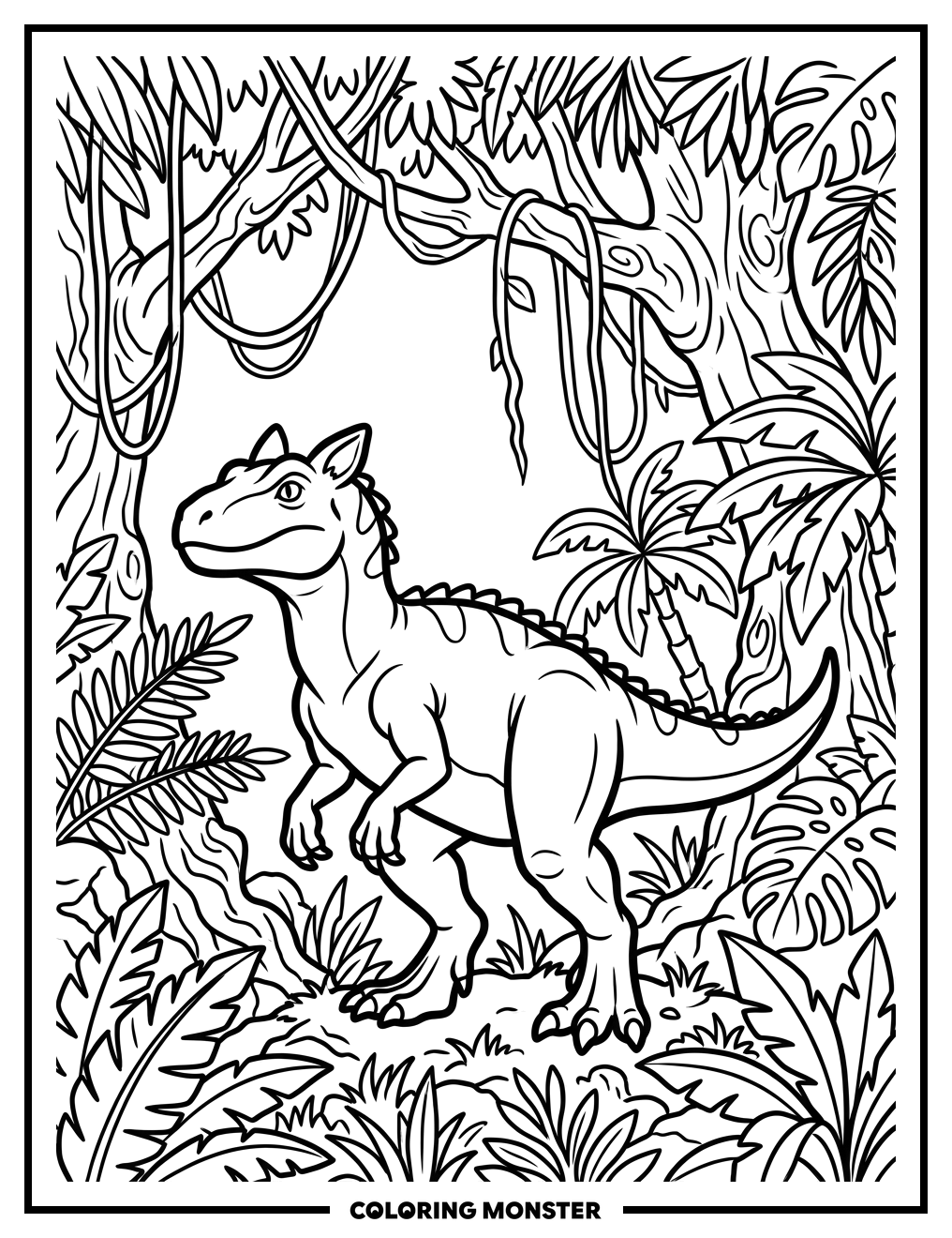 Huntrex in a Dense Jungle Coloring Page