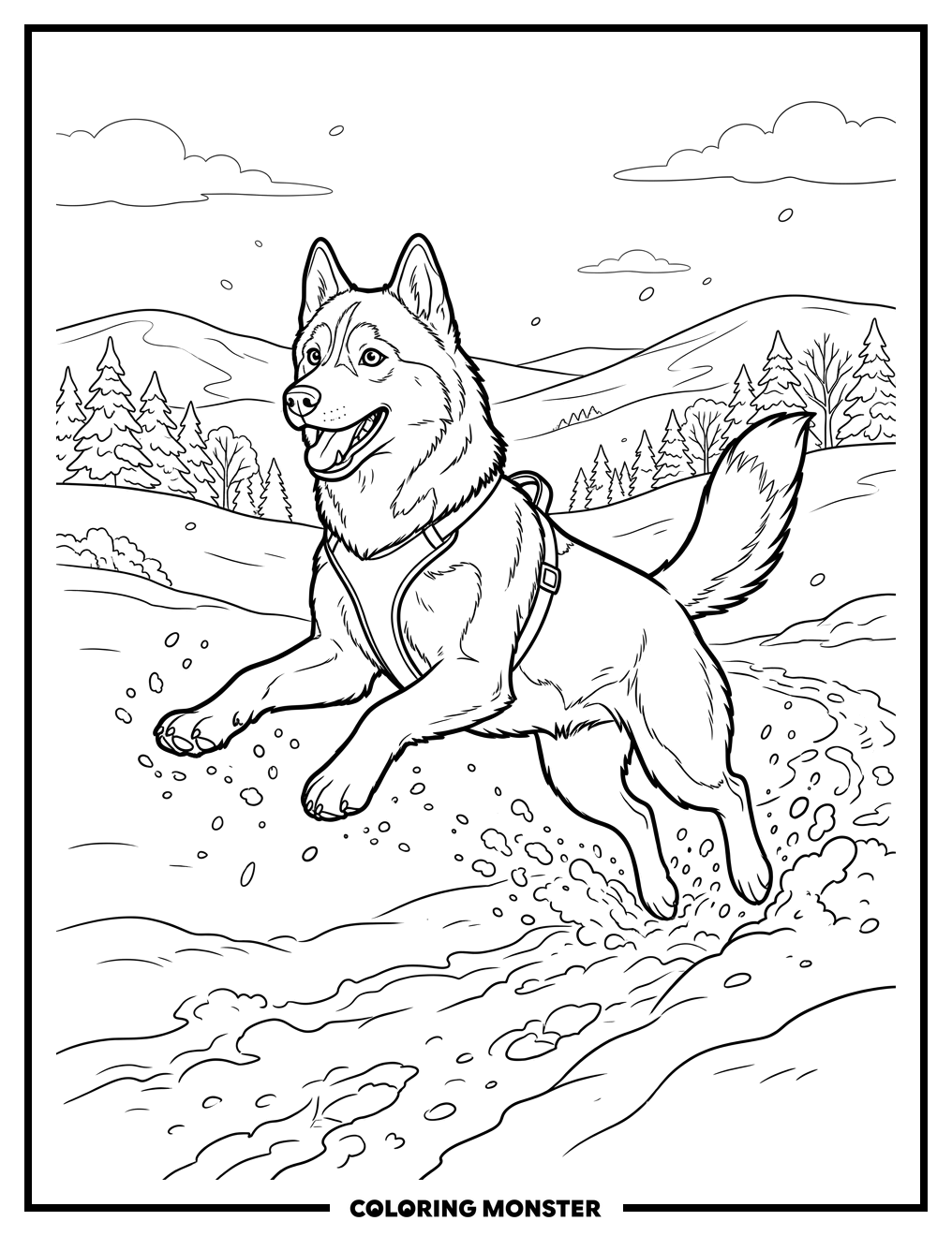 Husky Leaping in Snowy Field Coloring Page