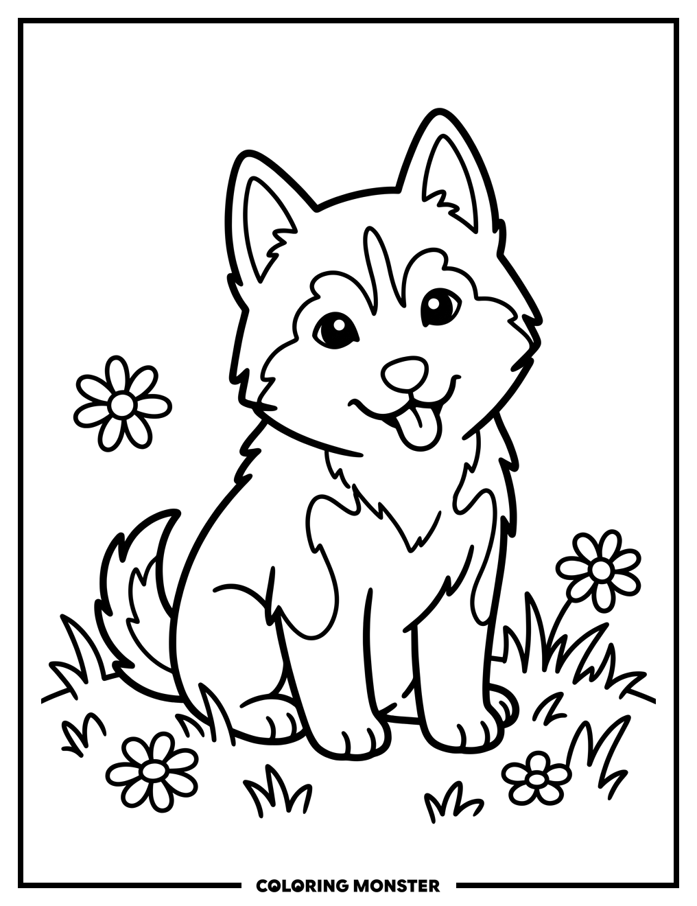 Husky Puppy with Daisies Coloring Page