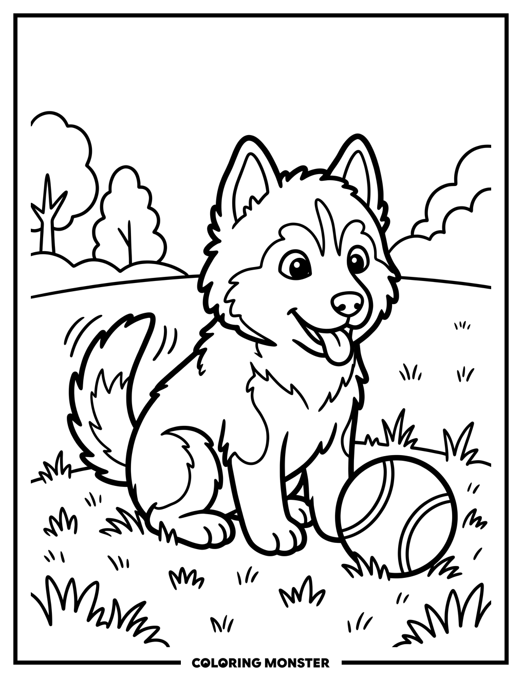 Husky Puppy With Red Ball Coloring Page