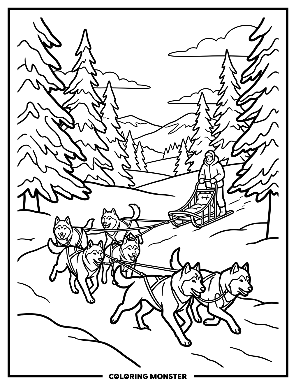 Husky Sled Dog Team Coloring Page