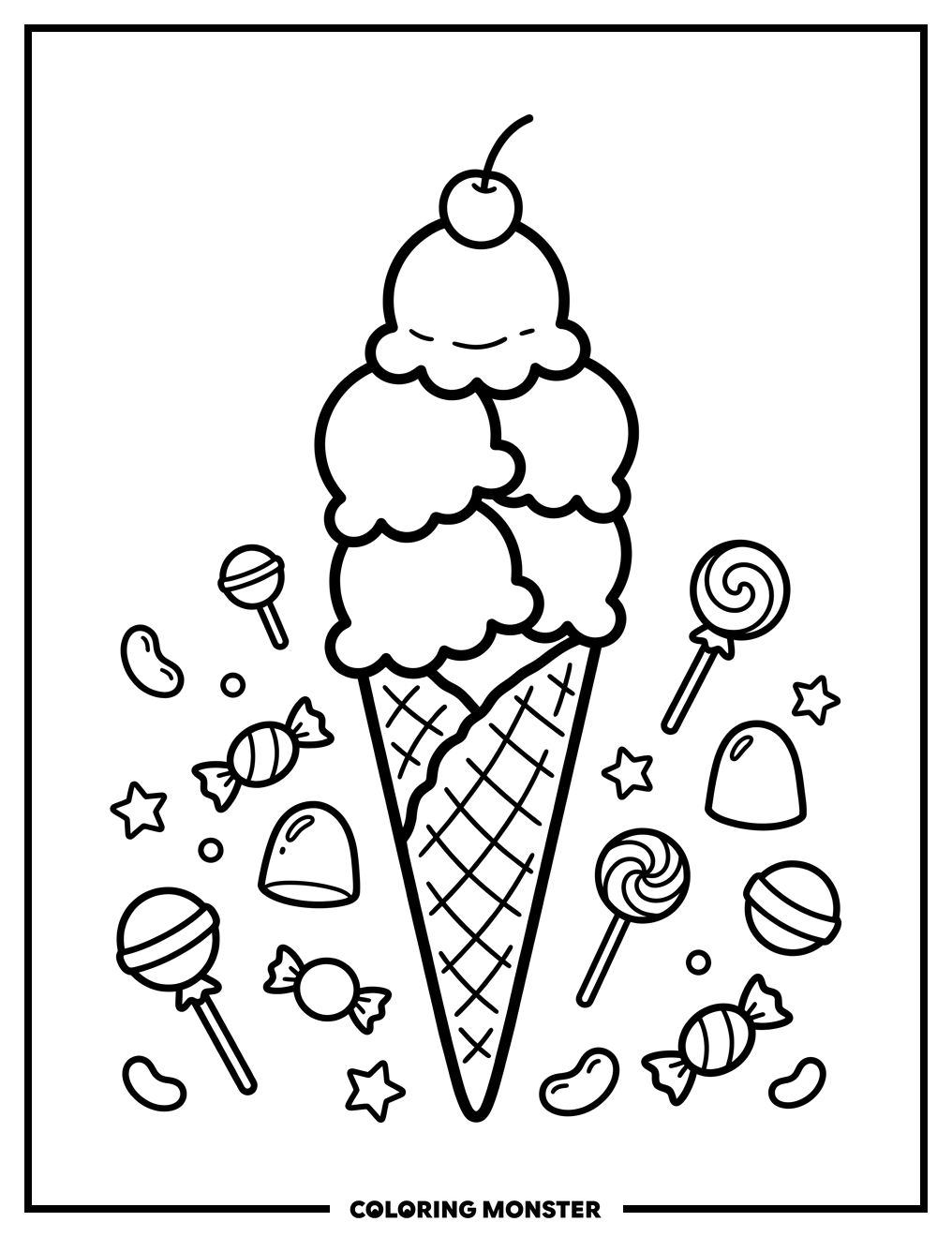Ice Cream Cone with Candies Coloring Page