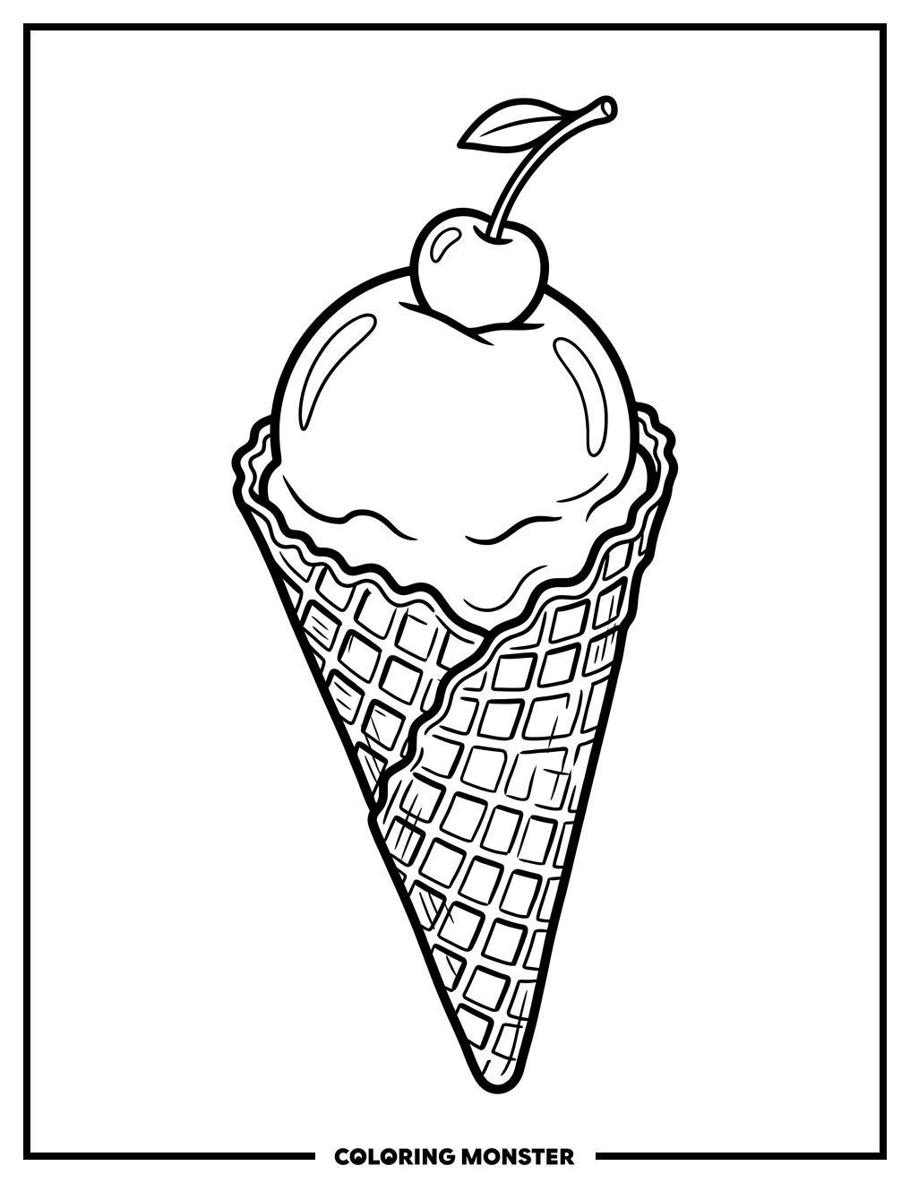 Ice Cream Cone with Cherry Coloring Page