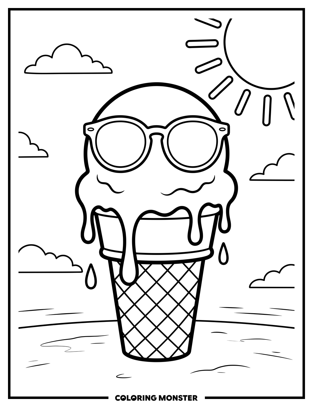 Ice Cream Cone With Sunglasses Coloring Page