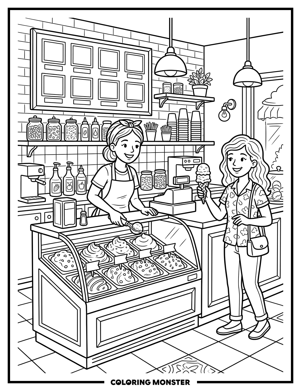 Ice Cream Shop Delight Coloring Page