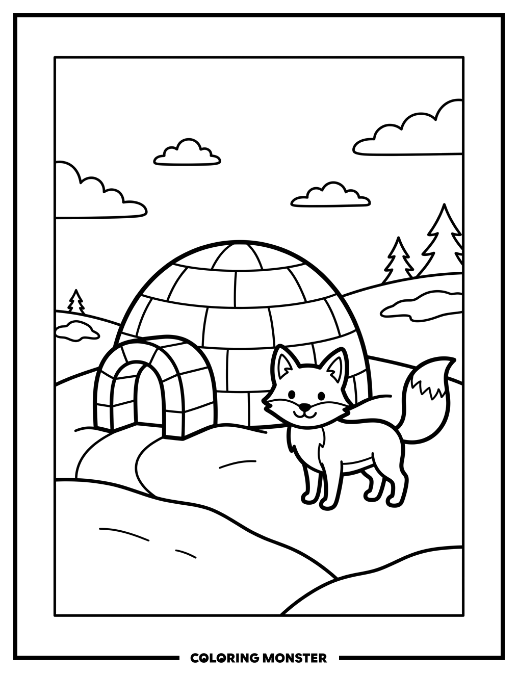 Igloo and Arctic Fox in Snow Coloring Page