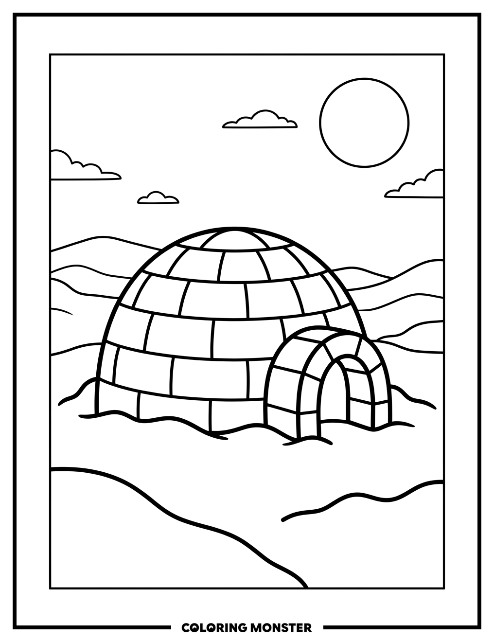 Igloo in Snowy Landscape Coloring Page