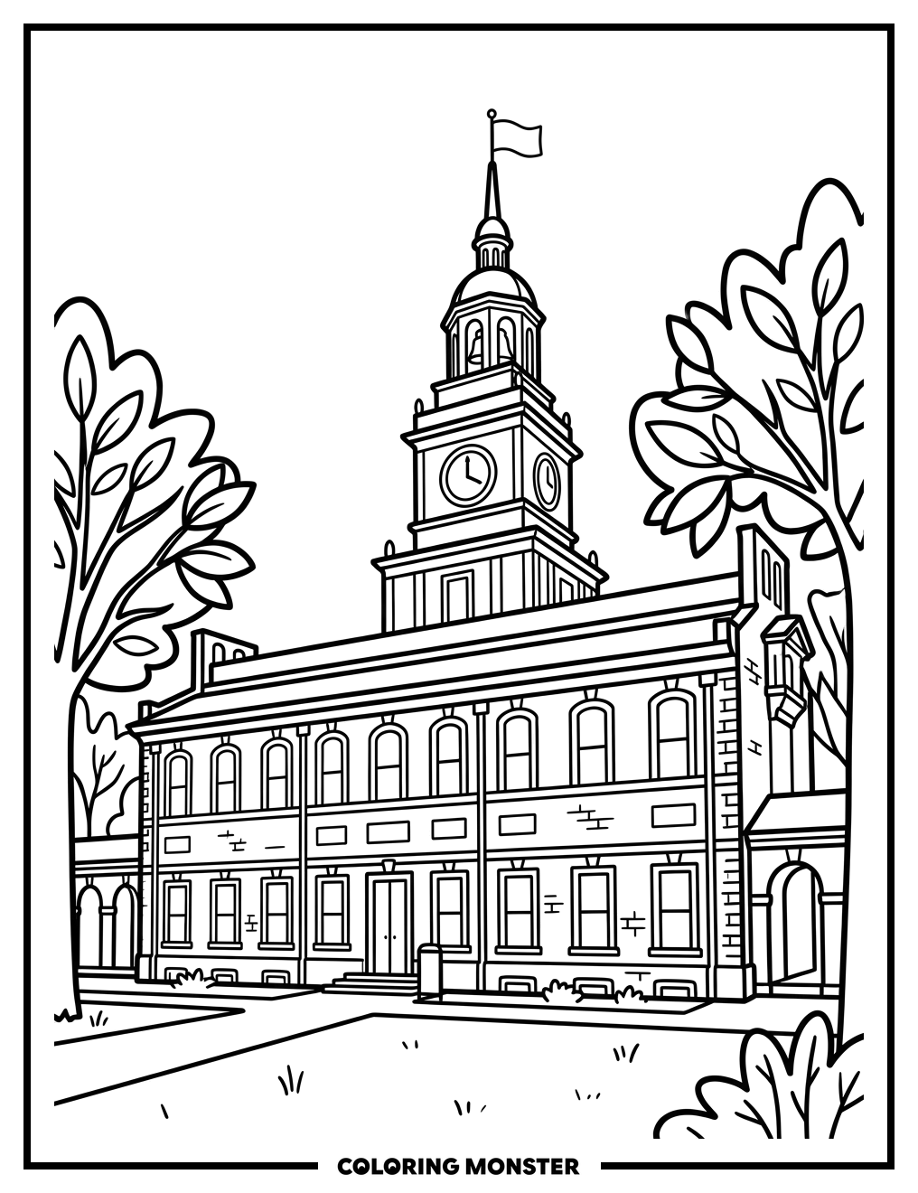 Independence Hall With Trees Coloring Page