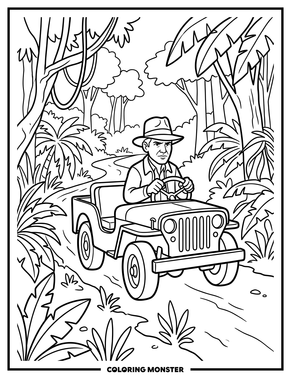 Indiana Jones Driving Through Jungle Coloring Page