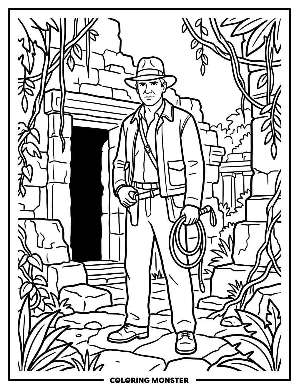 Indiana Jones in Jungle Temple Coloring Page