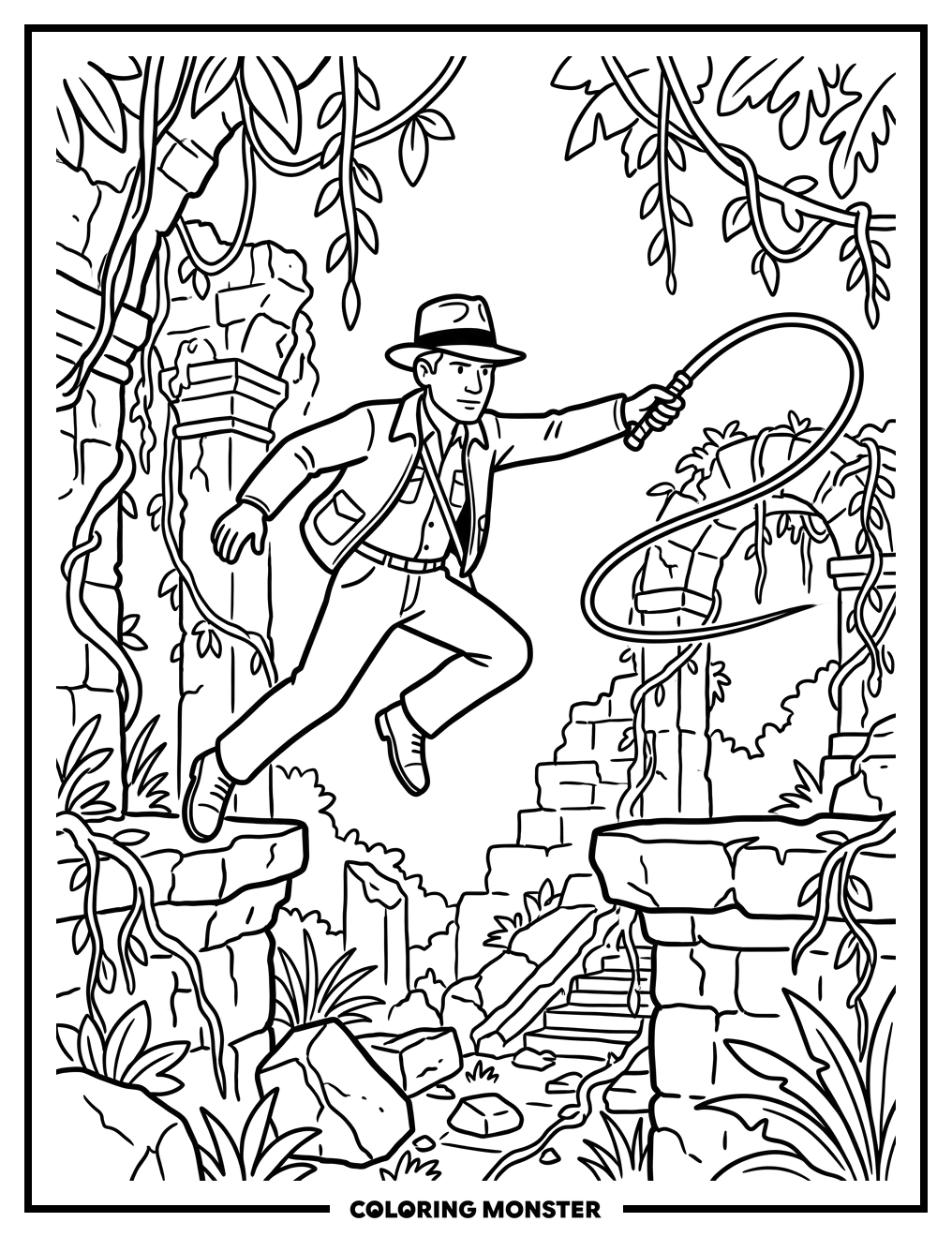 Indiana Jones Leaping Through Jungle Temple Coloring Page
