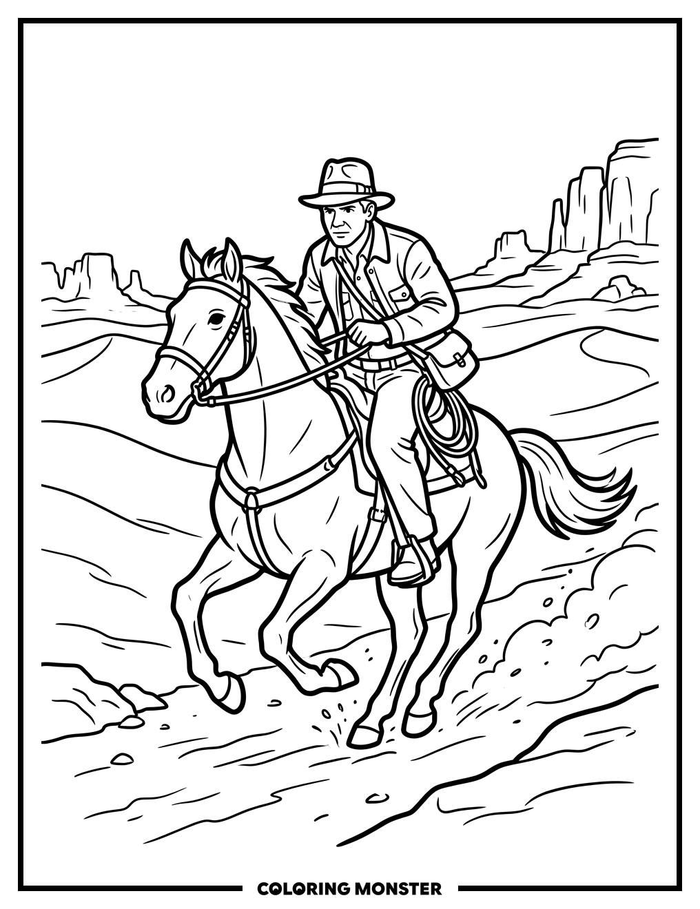 Indiana Jones on Horseback in Desert Coloring Page