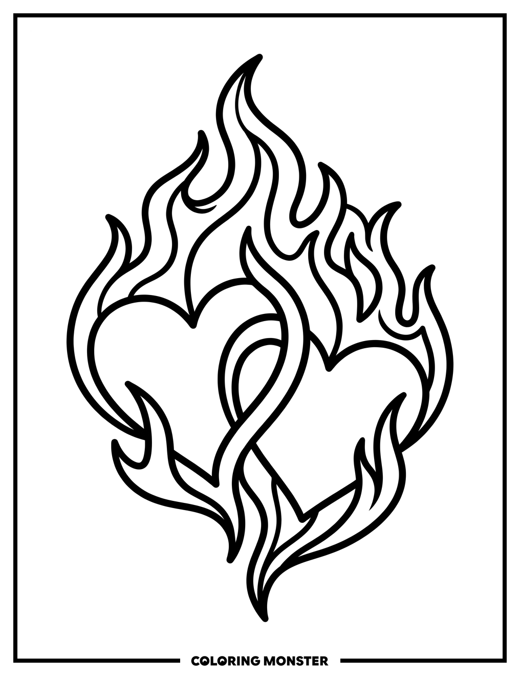 Intertwined Hearts with Flames Coloring Page