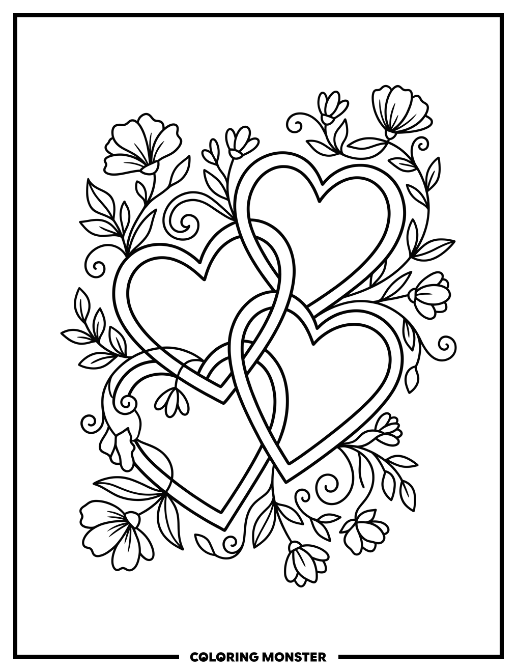 Intertwined Hearts with Flowers Coloring Page
