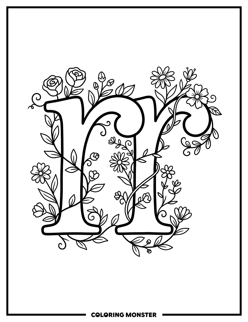 Intertwined Letters and Flowers Coloring Page
