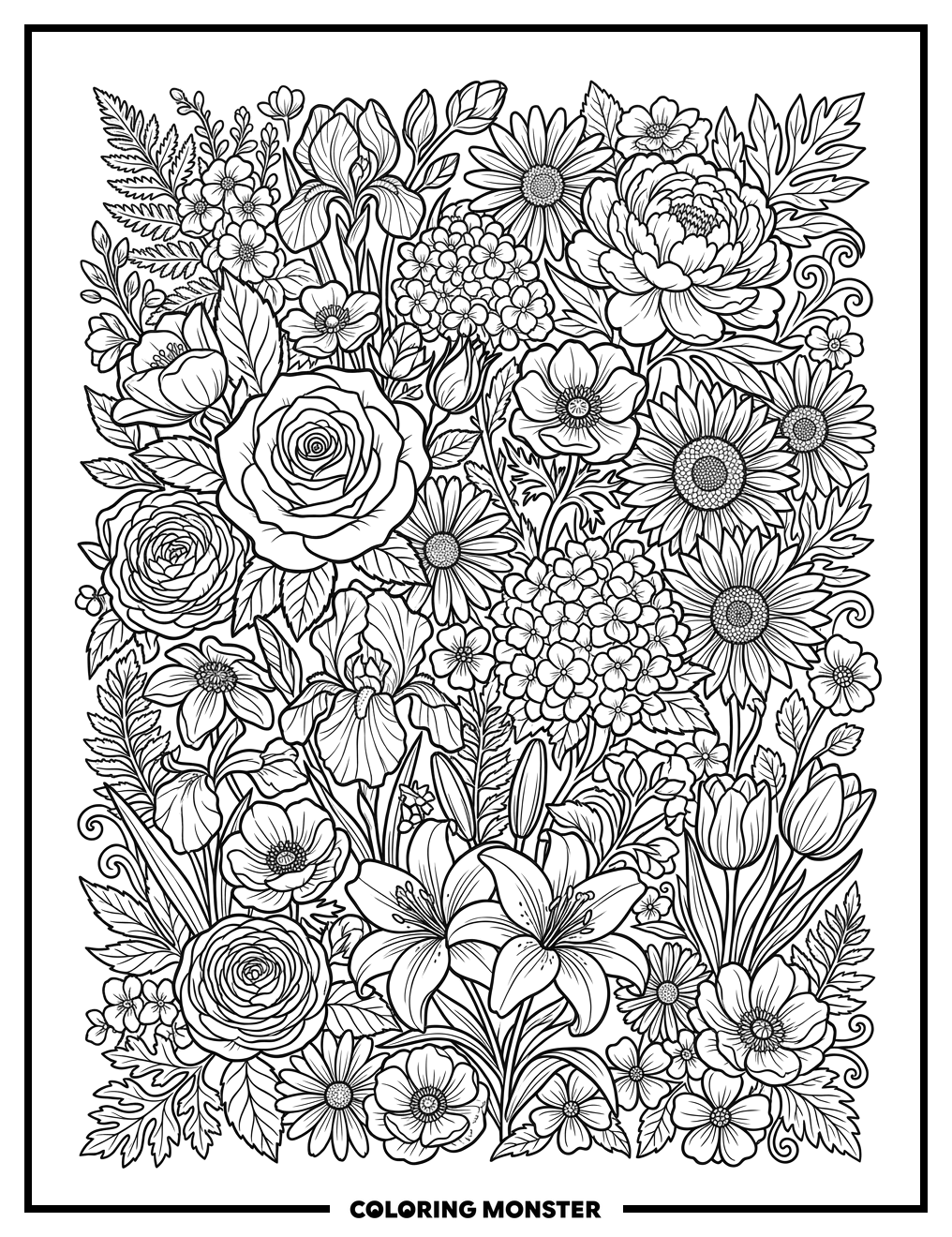 Intricate Blooming Flowers and Leaves Coloring Page