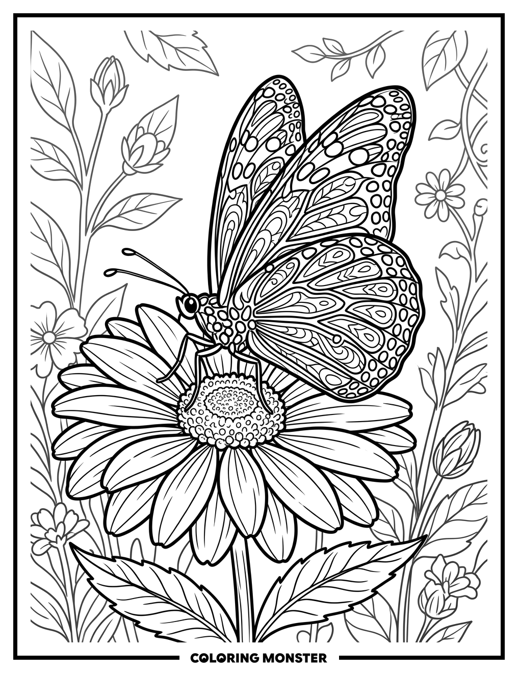 Intricate Butterfly on Flower Coloring Page