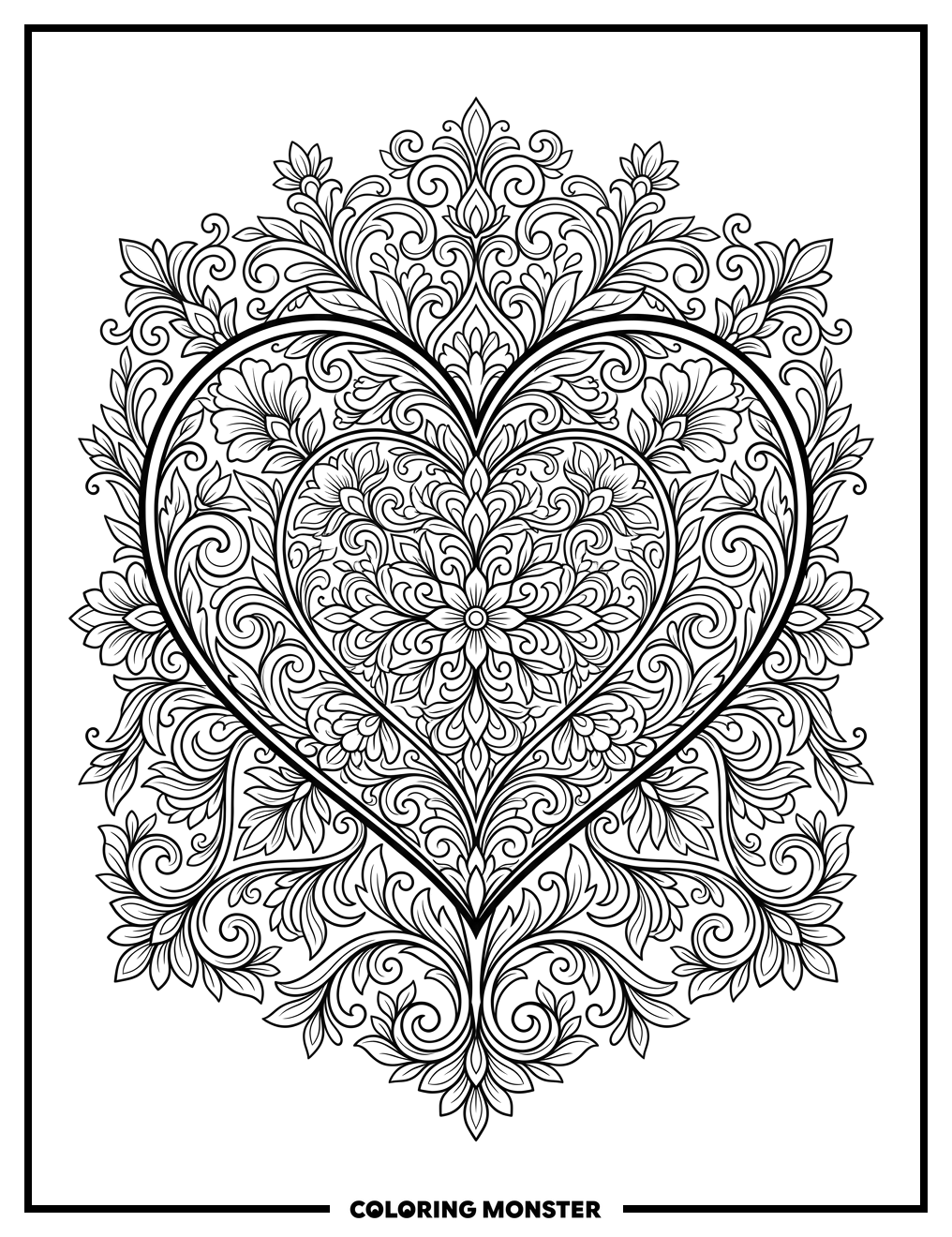 Intricate Floral Heart Mandala Coloring Page