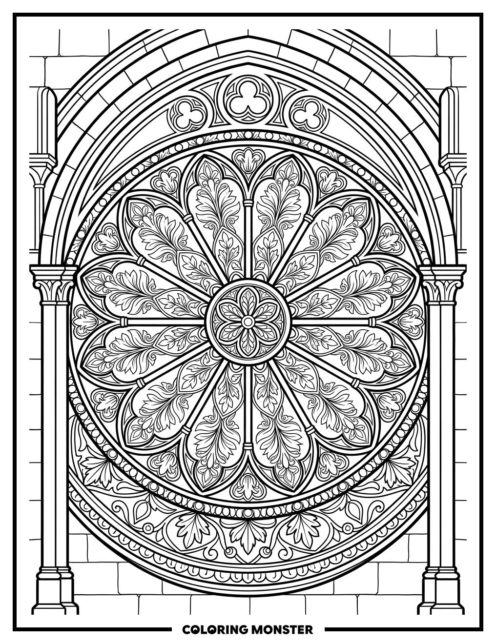 Intricate Rose Window Floral Design Coloring Page