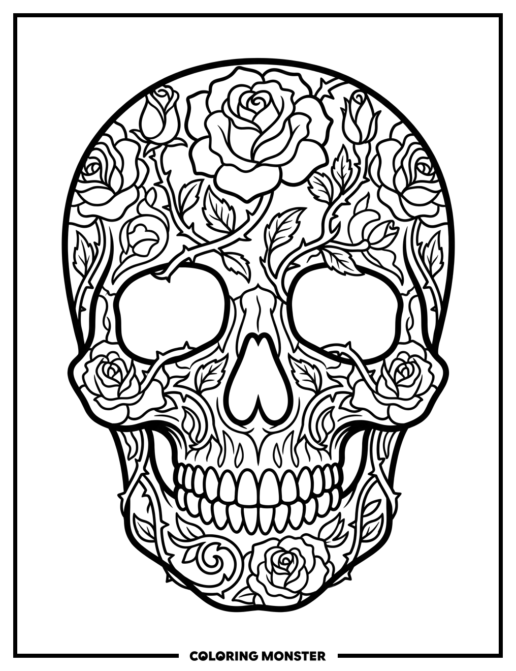 Intricate Sugar Skull with Floral Designs Coloring Page