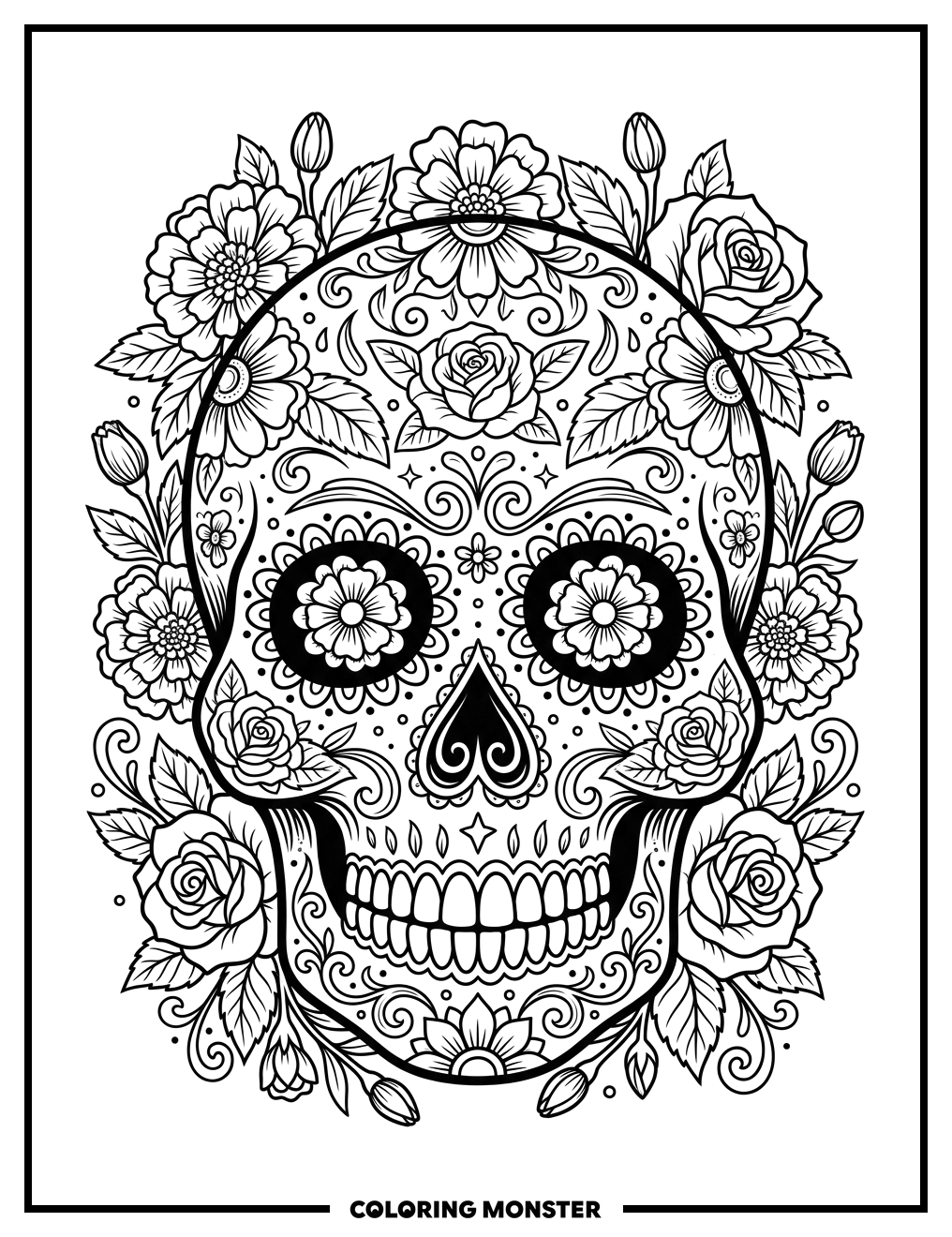 Intricate Sugar Skull With Flowers Coloring Page