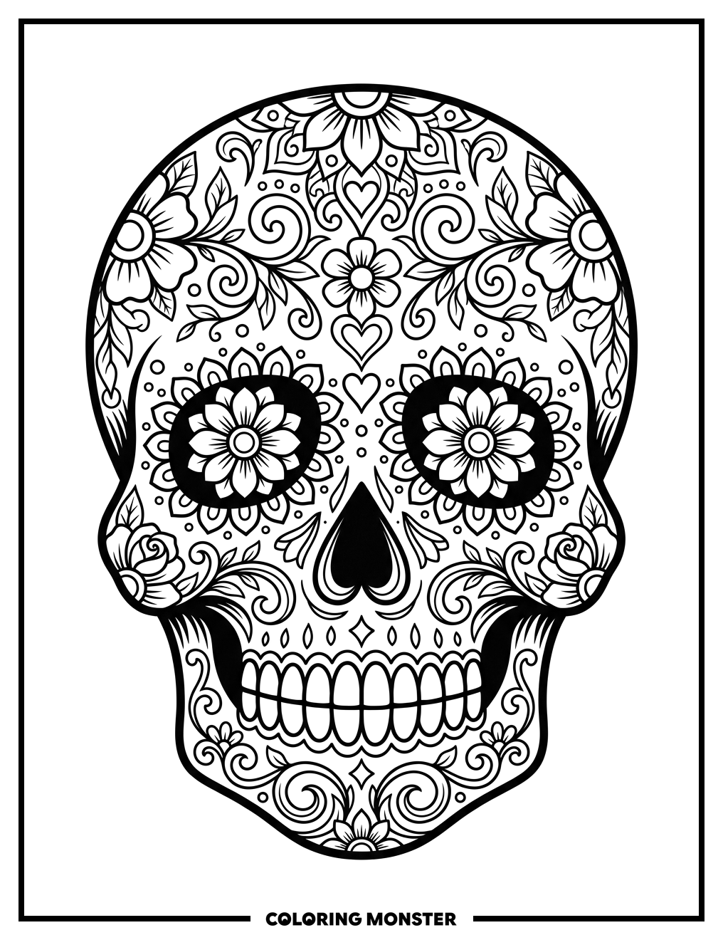 Intricate Sugar Skull With Flowers Coloring Page