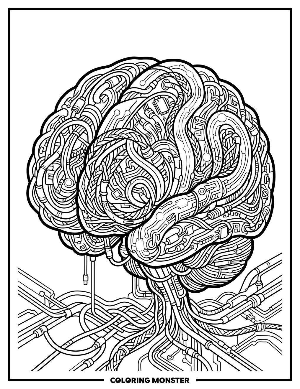 Intricate Thoughtful Brain With Circuits Coloring Page