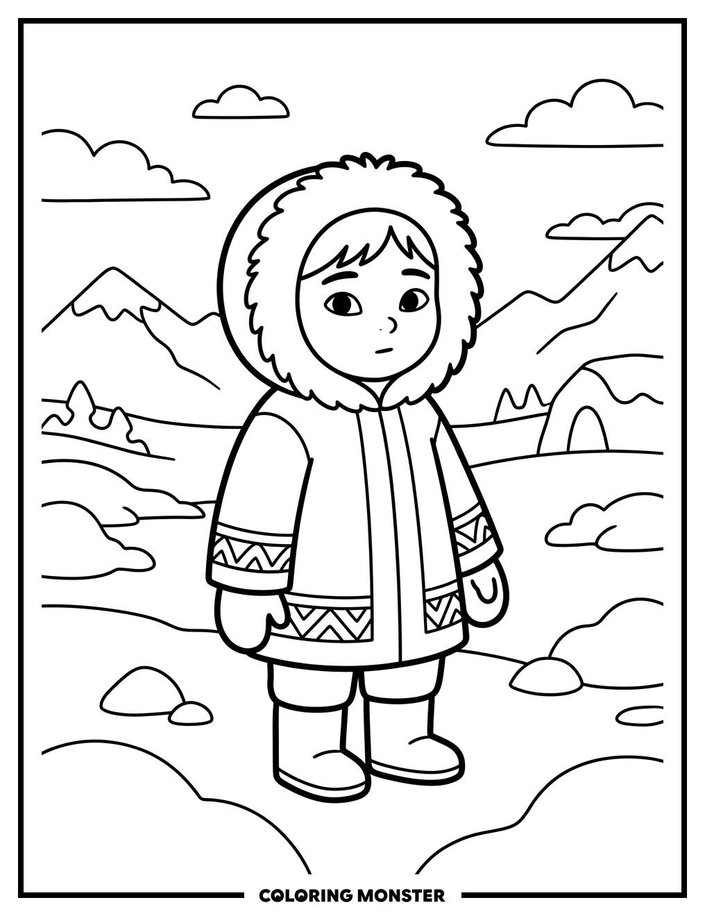 Inuit Child in Snowy Landscape Coloring Page