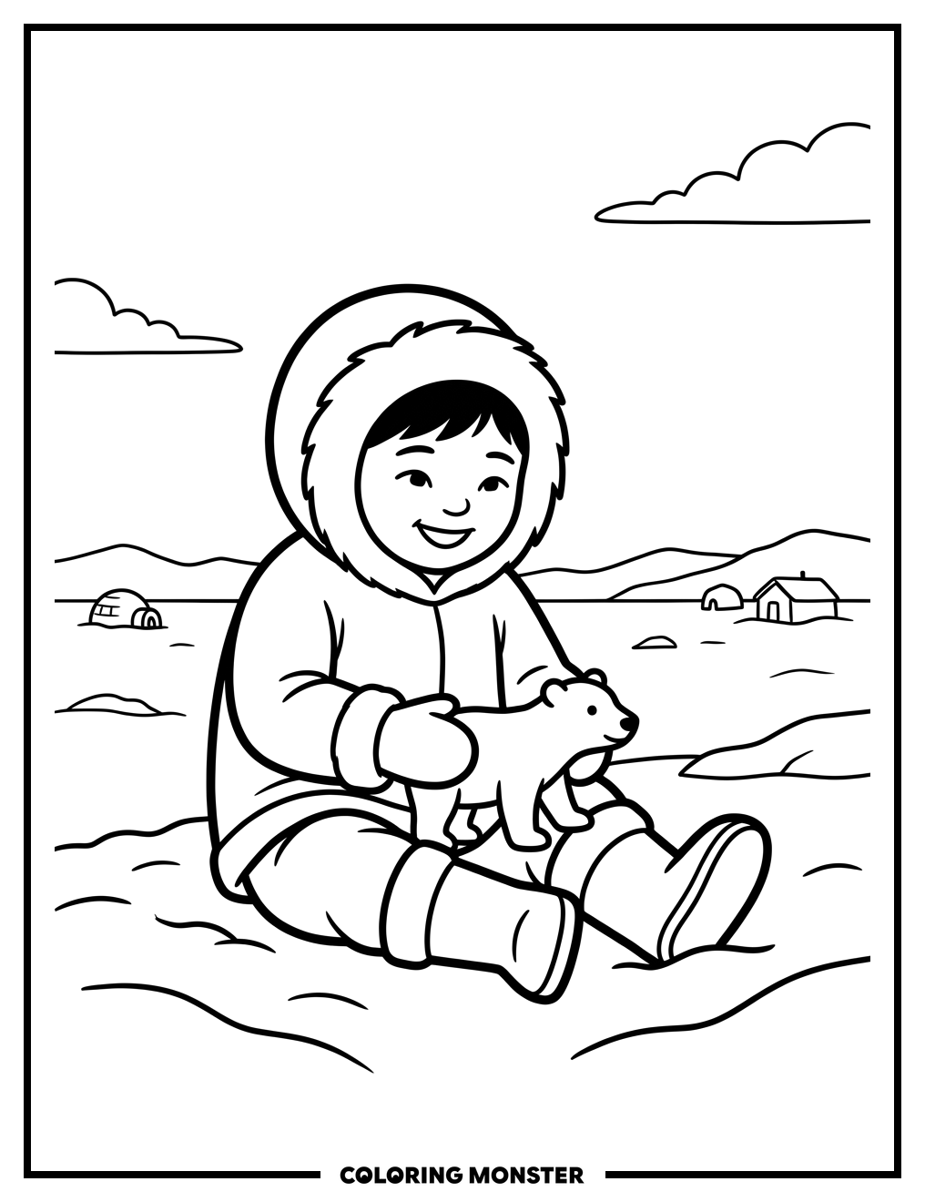 Inuit Child With Toy Animal Coloring Page