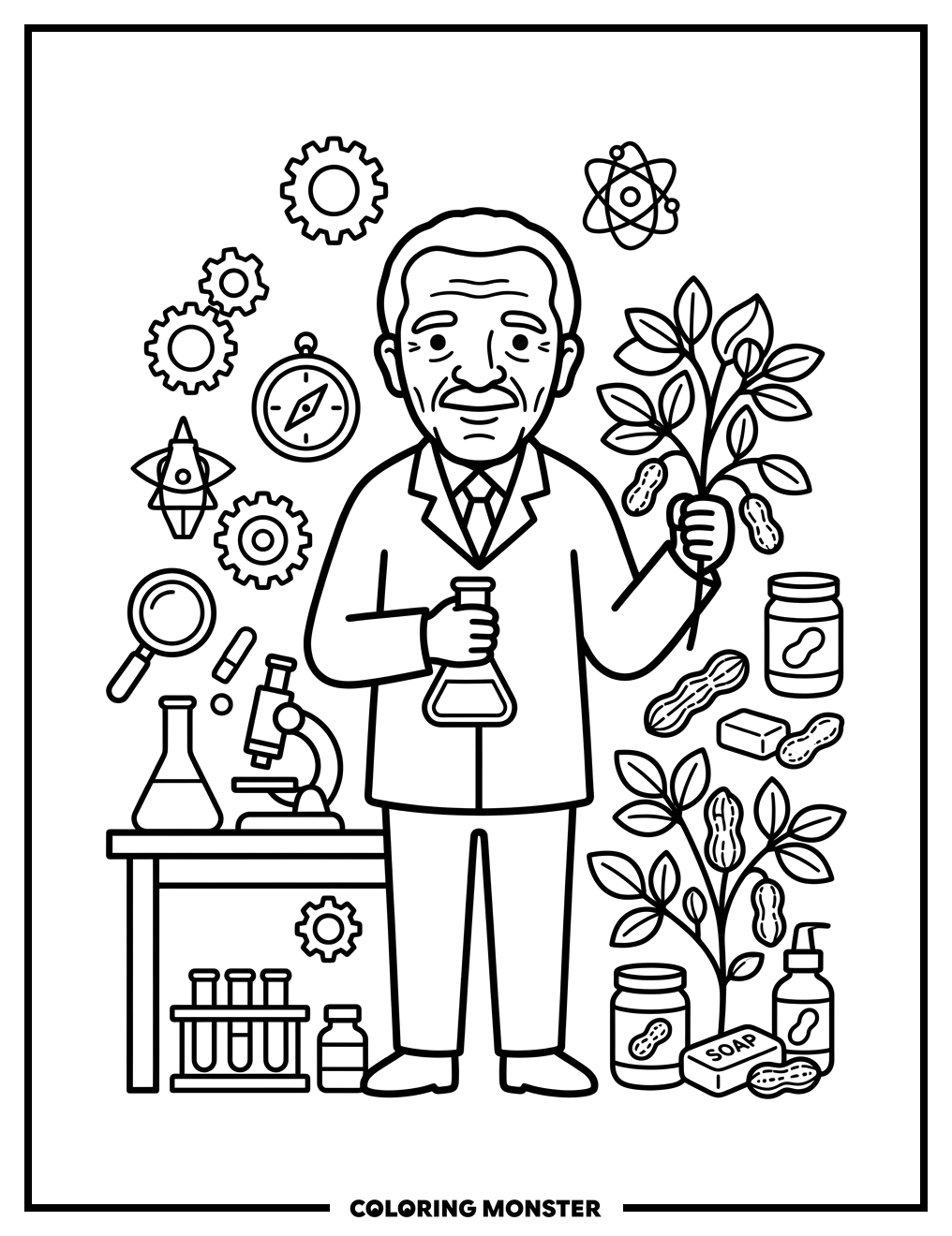 Inventor With Tools and Inventions Coloring Page
