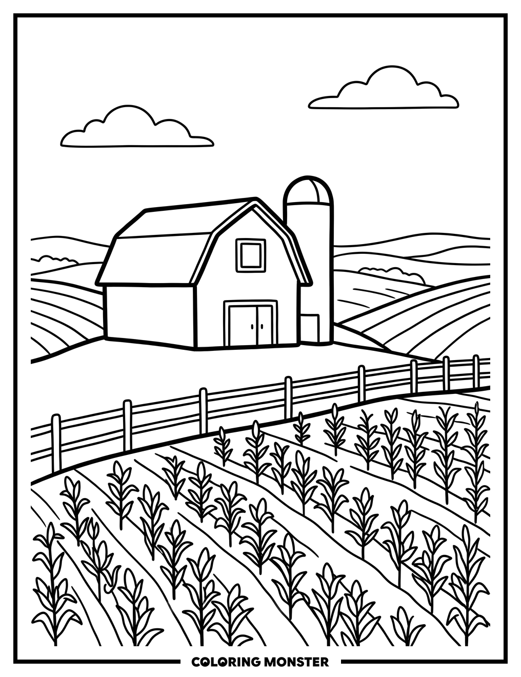 Iowa Barn and Cornfield Coloring Page