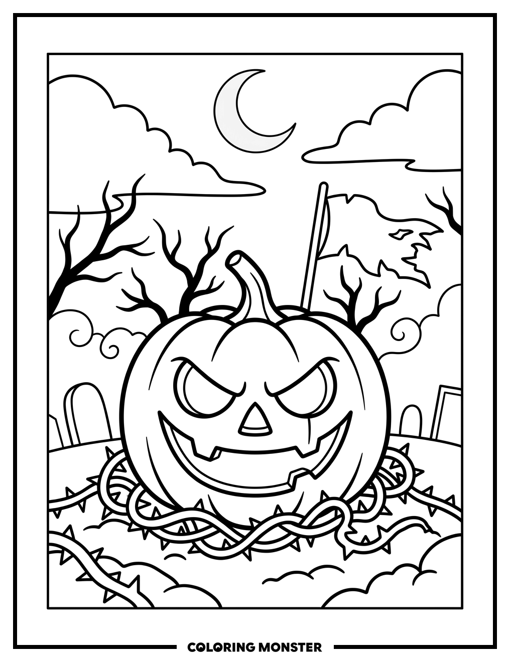 Jack-o'-Lantern in Misty Graveyard Coloring Page
