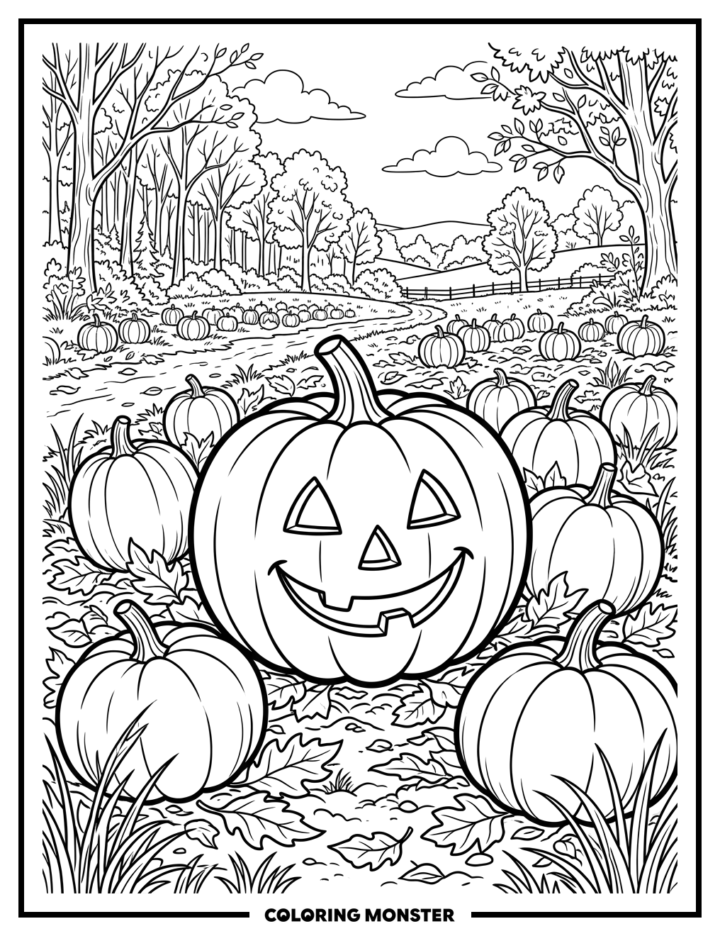 Jack-o'-Lantern in Pumpkin Patch Coloring Page
