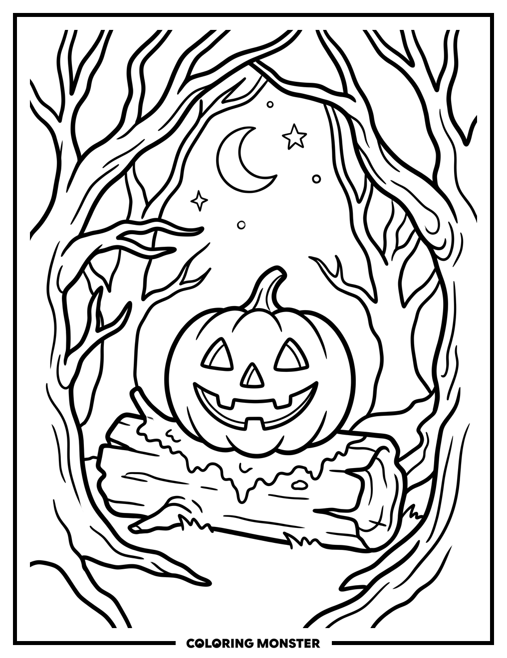 Jack-o'-Lantern in Spooky Forest Coloring Page