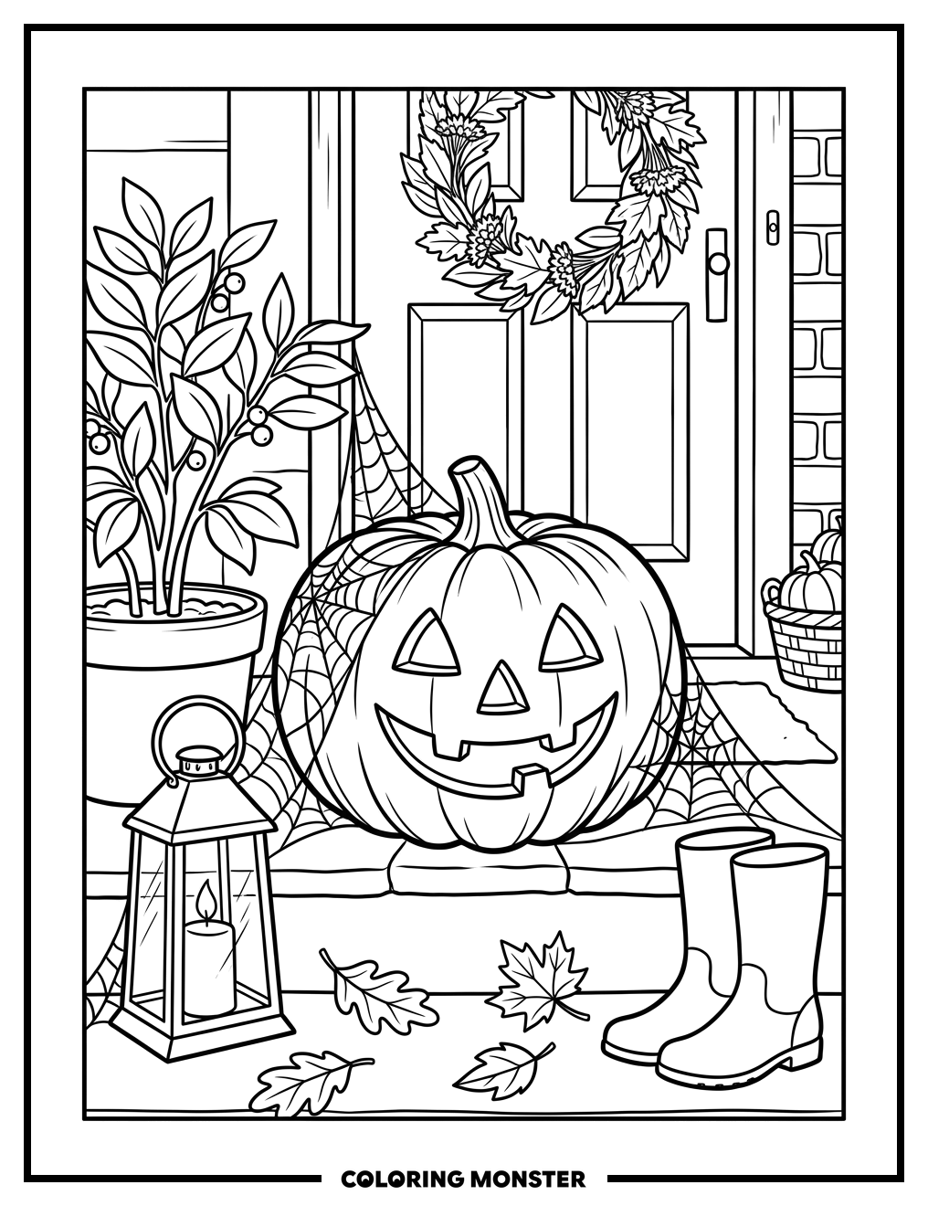 Jack-o'-Lantern on Doorstep Coloring Page
